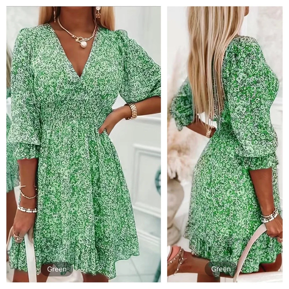 Temu Green & White Ditsy Floral V-Neck Summer Dress Size Small